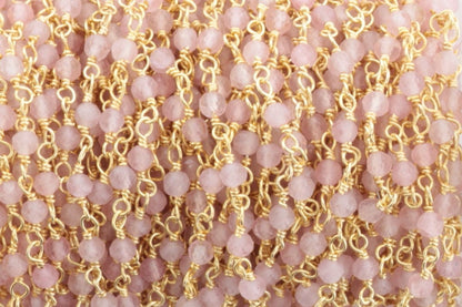 Pink Rose Quartz 3mm Faceted Rounds Rosary Chain Sterling Silver with Gold Plating Wire Wrap Chain by the Foot