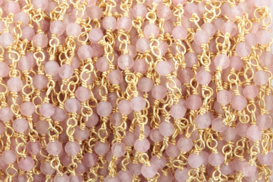 Pink Rose Quartz 3mm Faceted Rounds Rosary Chain Sterling Silver with Gold Plating Wire Wrap Chain by the Foot