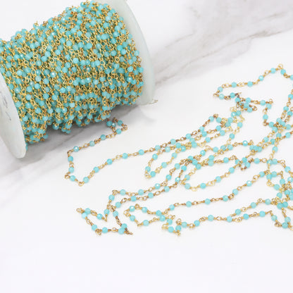 Blue Amazonite 2.5mm Faceted Rounds Rosary Chain Sterling Silver with Gold Plating Wire Wrap Chain by the Foot