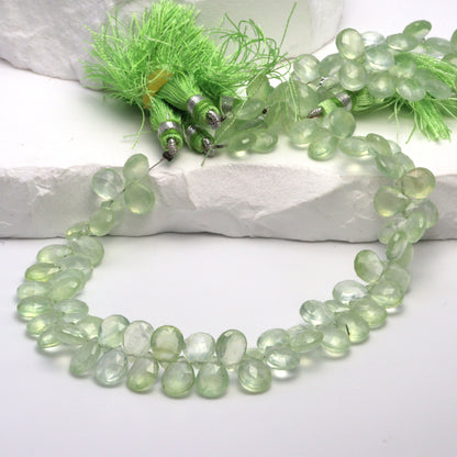 Green Prehnite 9x7mm Faceted Pear Shaped Briolettes Bead Strand
