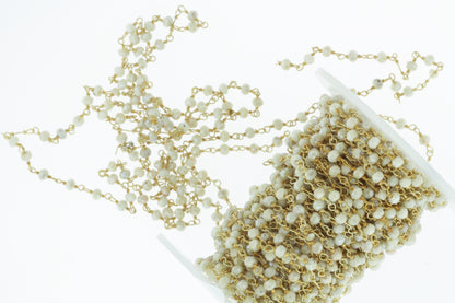 White Silverite 3mm Faceted Rondelles Rosary Chain Sterling Silver with Gold Plating Wire Wrap Chain by the Foot