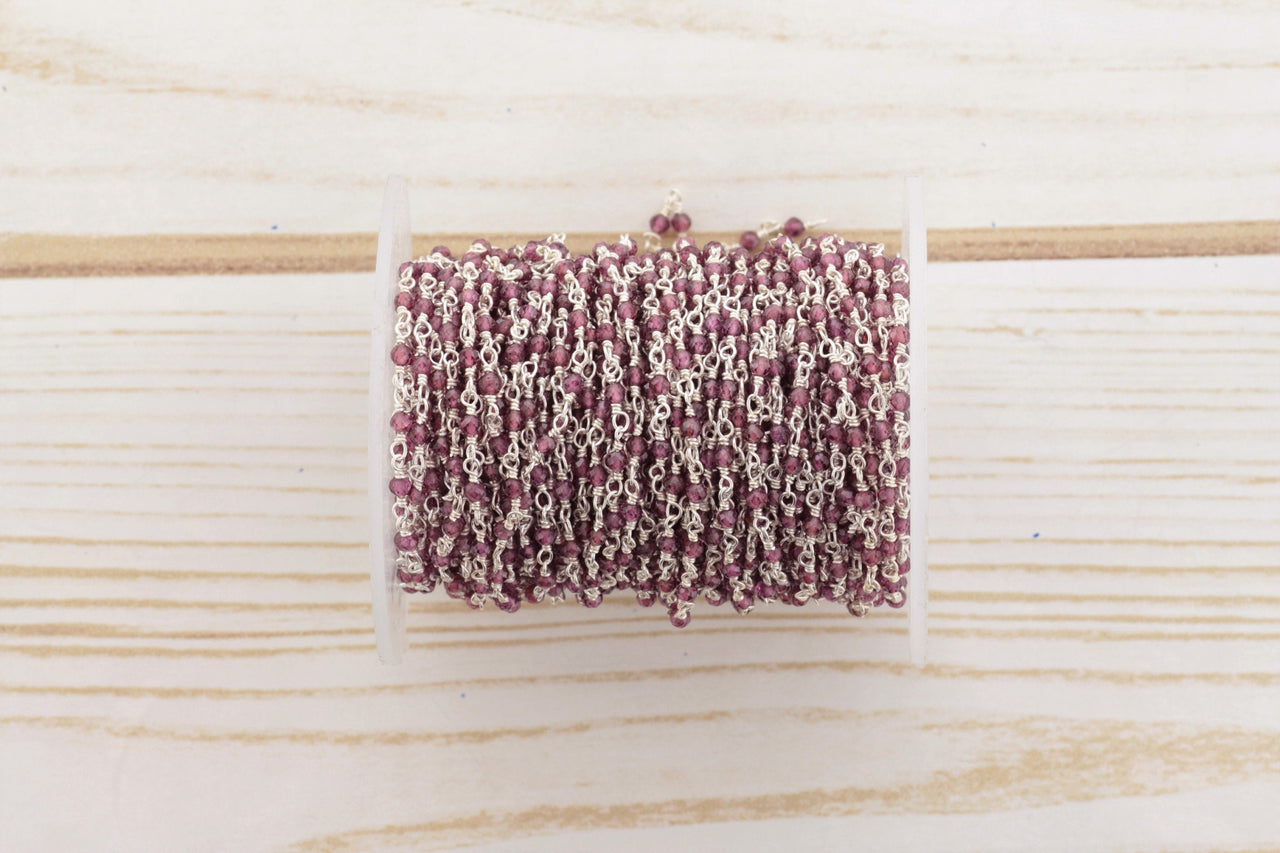 Rhodolite Garnet 2.5mm Faceted Rounds Rosary Chain Sterling Silver Wire Wrap Chain by the Foot