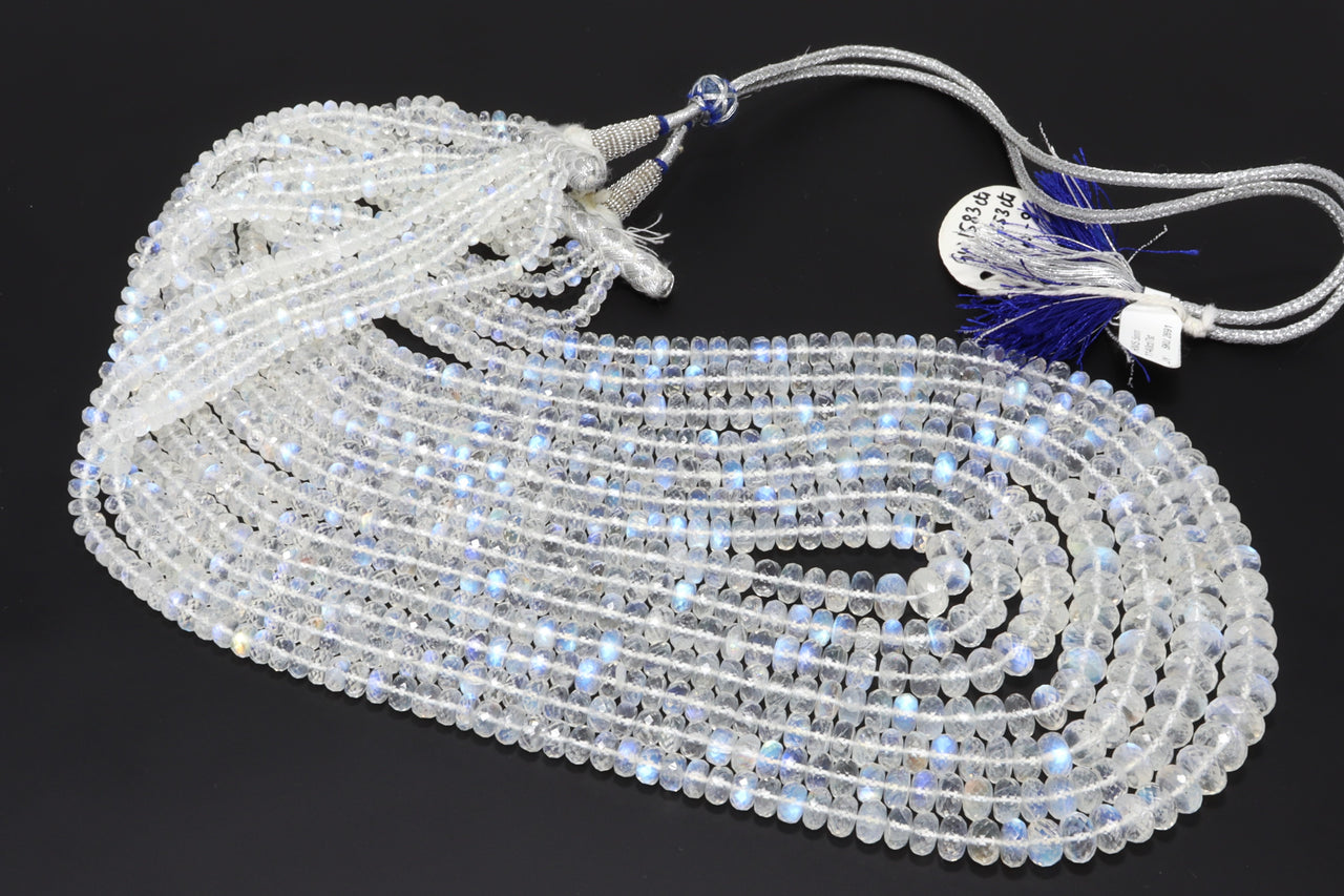 AAA Blue Rainbow Moonstone 7mm - 12mm Faceted Rondelles 5 Strand Bead Necklace