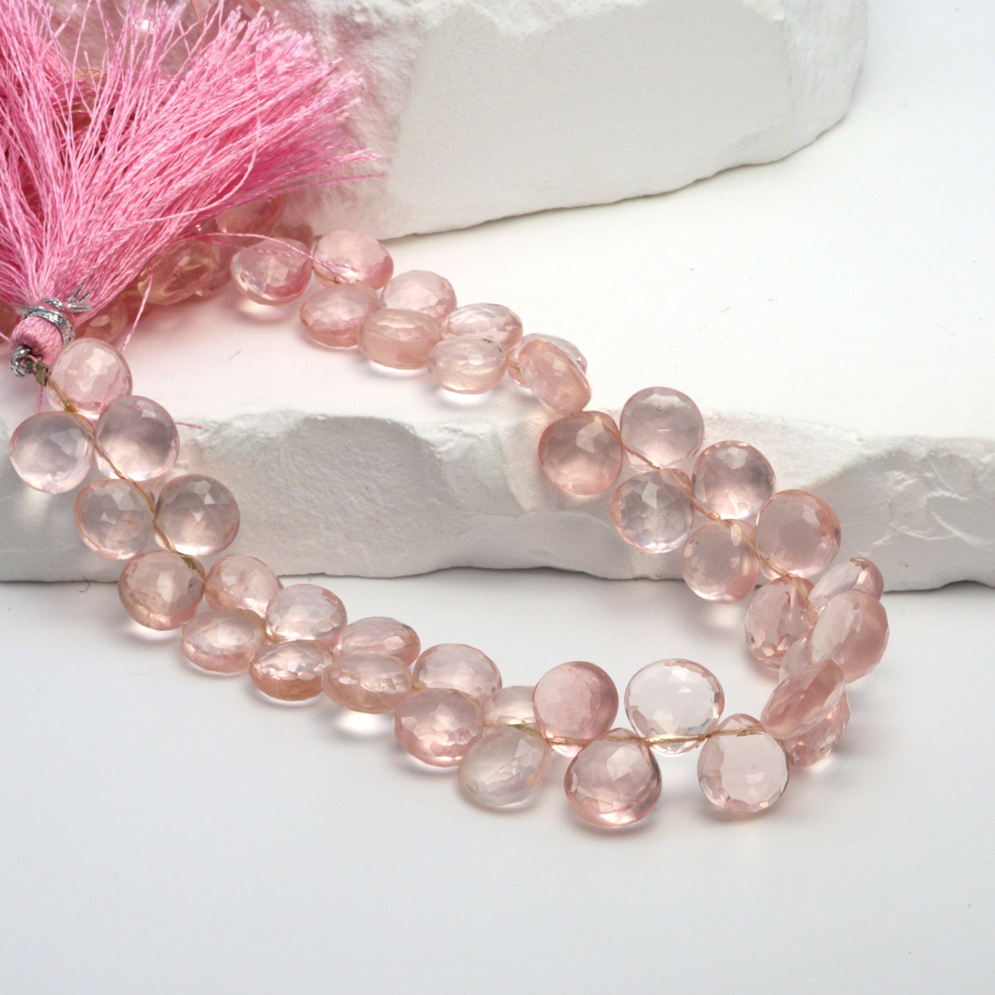 Pink Rose Quartz 8mm Faceted Heart Shaped Briolettes Bead Strand