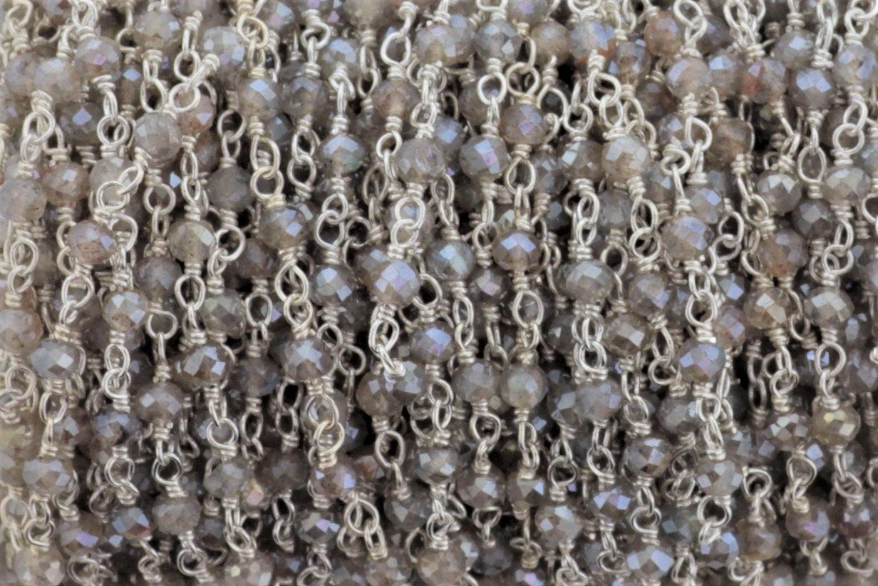 Coated Labradorite 3mm Faceted Rondelles Rosary Chain Sterling Silver Wire Wrap Chain by the Foot