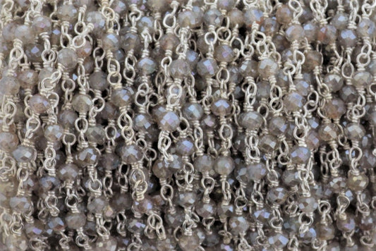 Coated Labradorite 3mm Faceted Rondelles Rosary Chain Sterling Silver Wire Wrap Chain by the Foot