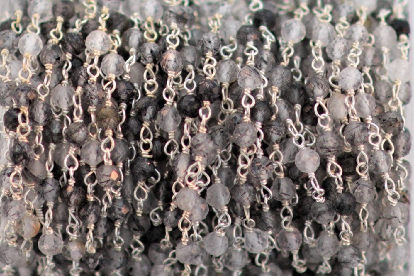 Black Tourmalinated Quartz 3.5mm Faceted Rounds Rosary Chain Sterling Silver Wire Wrap Chain by the Foot