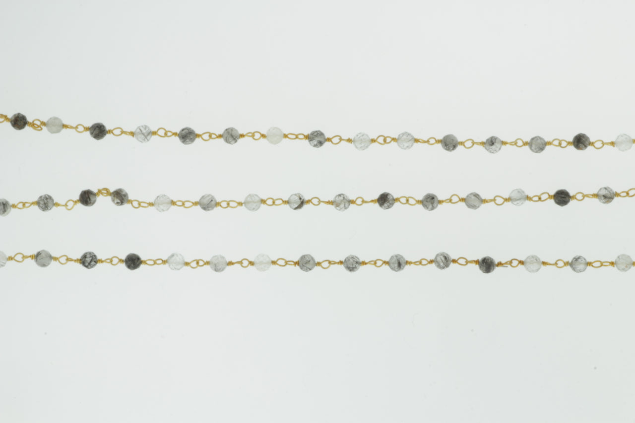 Black Tourmalinated Quartz 3.5mm Faceted Rounds Rosary Chain Sterling Silver with Gold Plating Wire Wrap Chain by the Foot