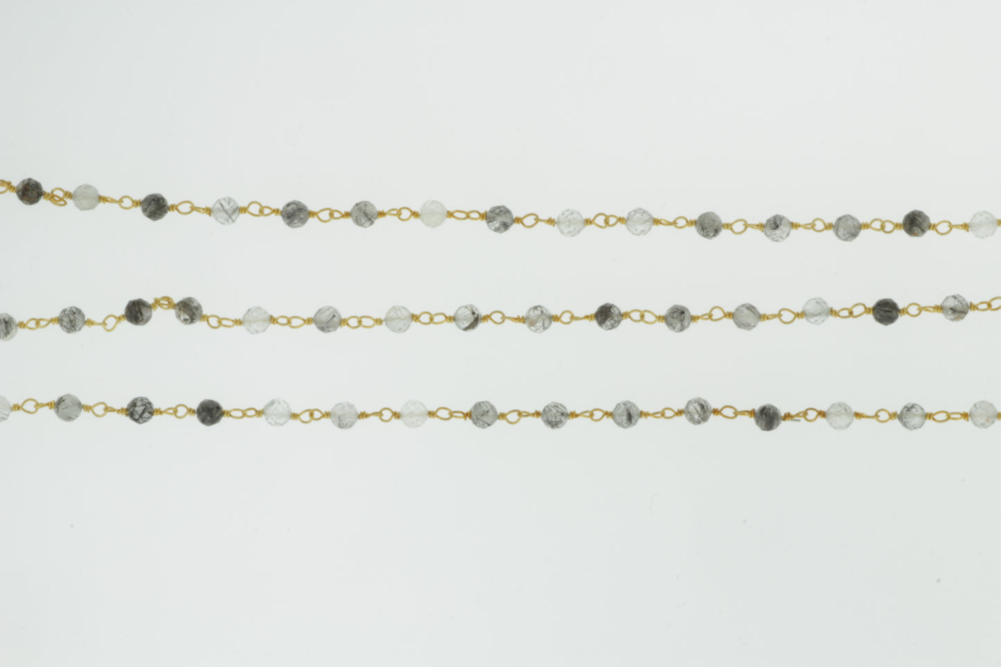 Black Tourmalinated Quartz 3.5mm Faceted Rounds Rosary Chain Sterling Silver with Gold Plating Wire Wrap Chain by the Foot