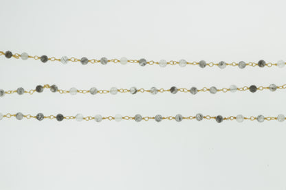 Black Tourmalinated Quartz 3.5mm Faceted Rounds Rosary Chain Sterling Silver with Gold Plating Wire Wrap Chain by the Foot