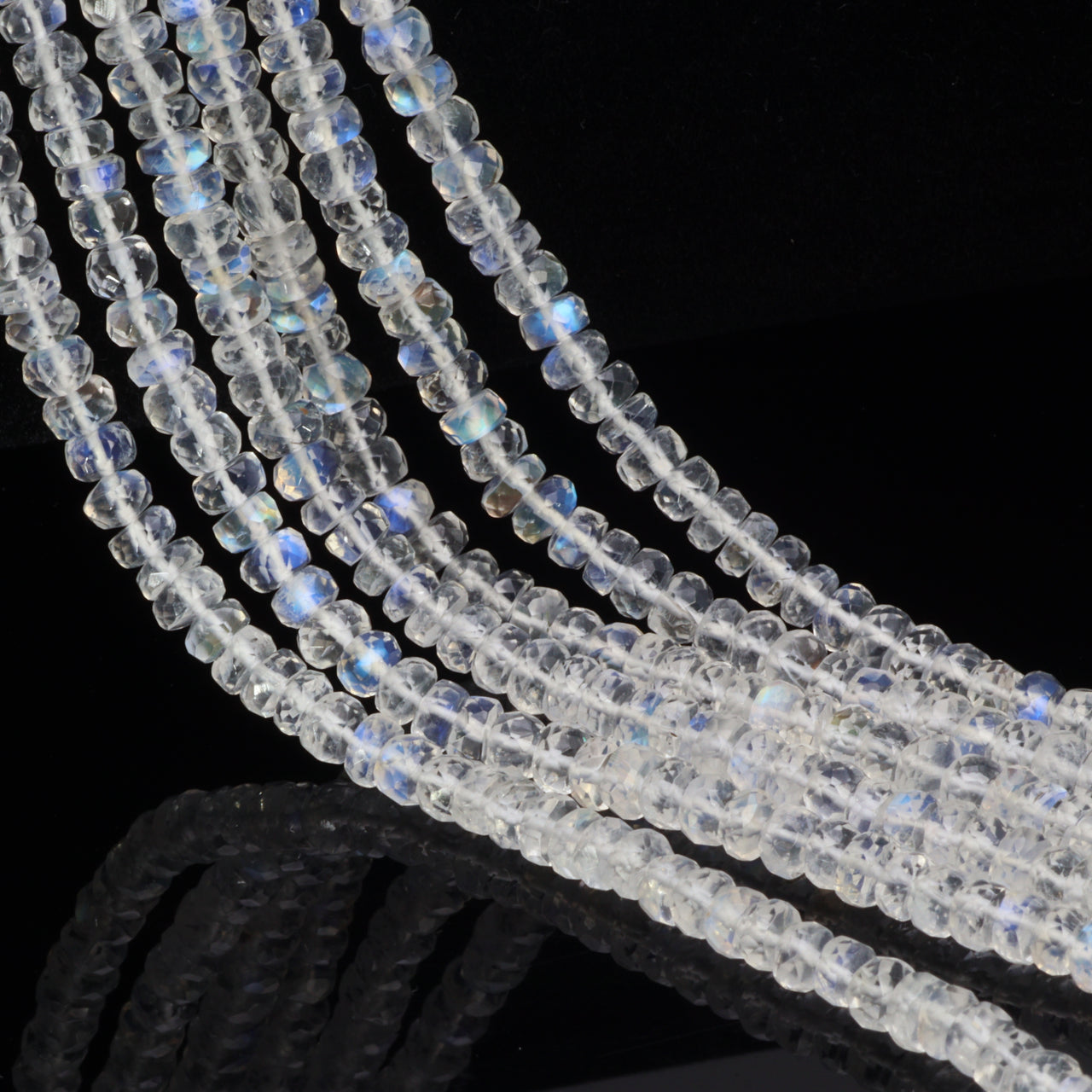 AAA Blue Rainbow Moonstone 4mm Hand Faceted Rondelles Bead Strand