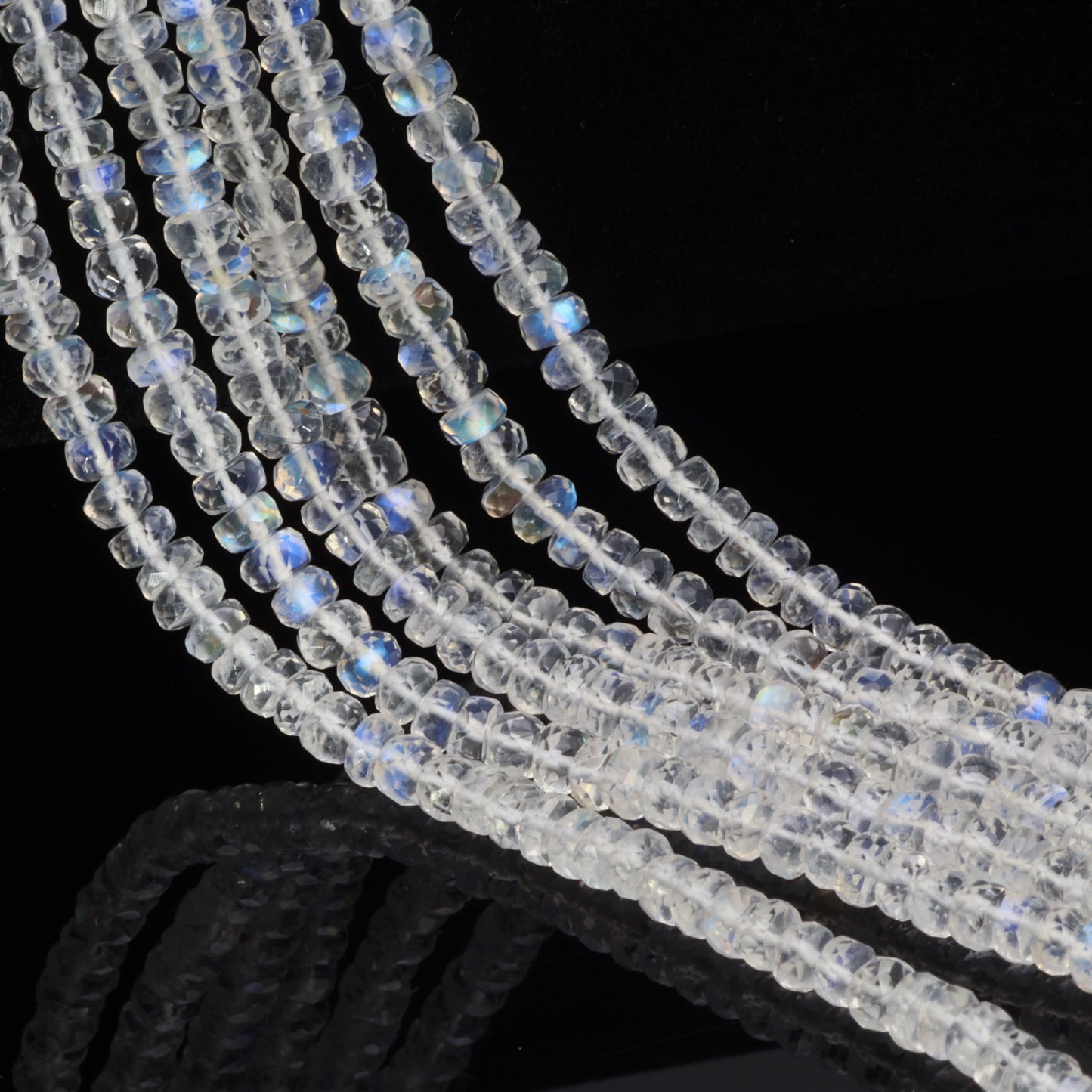 AAA Blue Rainbow Moonstone 4mm Hand Faceted Rondelles Bead Strand