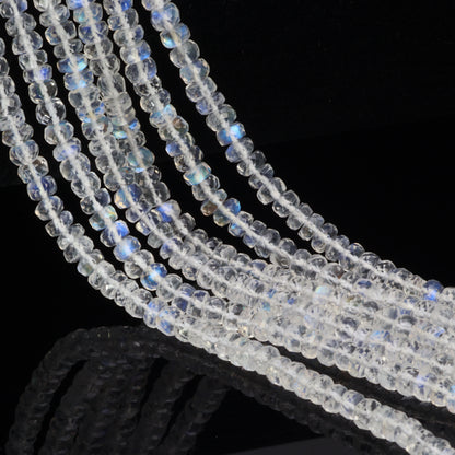 AAA Blue Rainbow Moonstone 4mm Hand Faceted Rondelles Bead Strand
