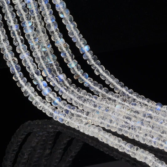 AAA Blue Rainbow Moonstone 4mm Hand Faceted Rondelles Bead Strand