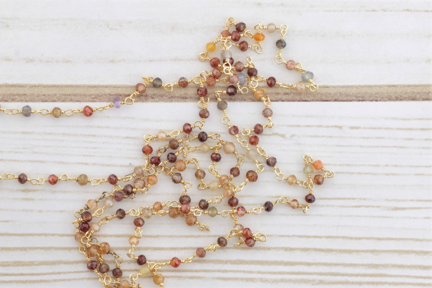 Red and Brown Multi Zircon 2.5mm Faceted Rondelles Rosary Chain Sterling Silver with Gold Plating Wire Wrap Chain by the Foot