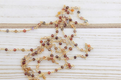 Red and Brown Multi Zircon 2.5mm Faceted Rondelles Rosary Chain Sterling Silver with Gold Plating Wire Wrap Chain by the Foot