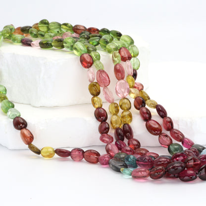 Watermelon Tourmaline 8x5mm - 9x6mm Smooth Ovals Bead Strand