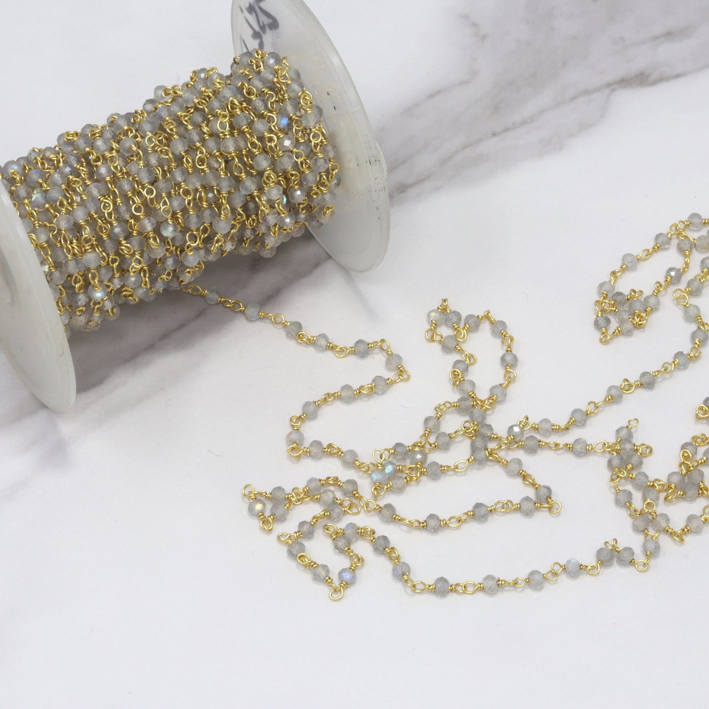 Blue Labradorite 3mm Faceted Rondelles Rosary Chain Sterling Silver with Gold Plating Wire Wrap Chain by the Foot