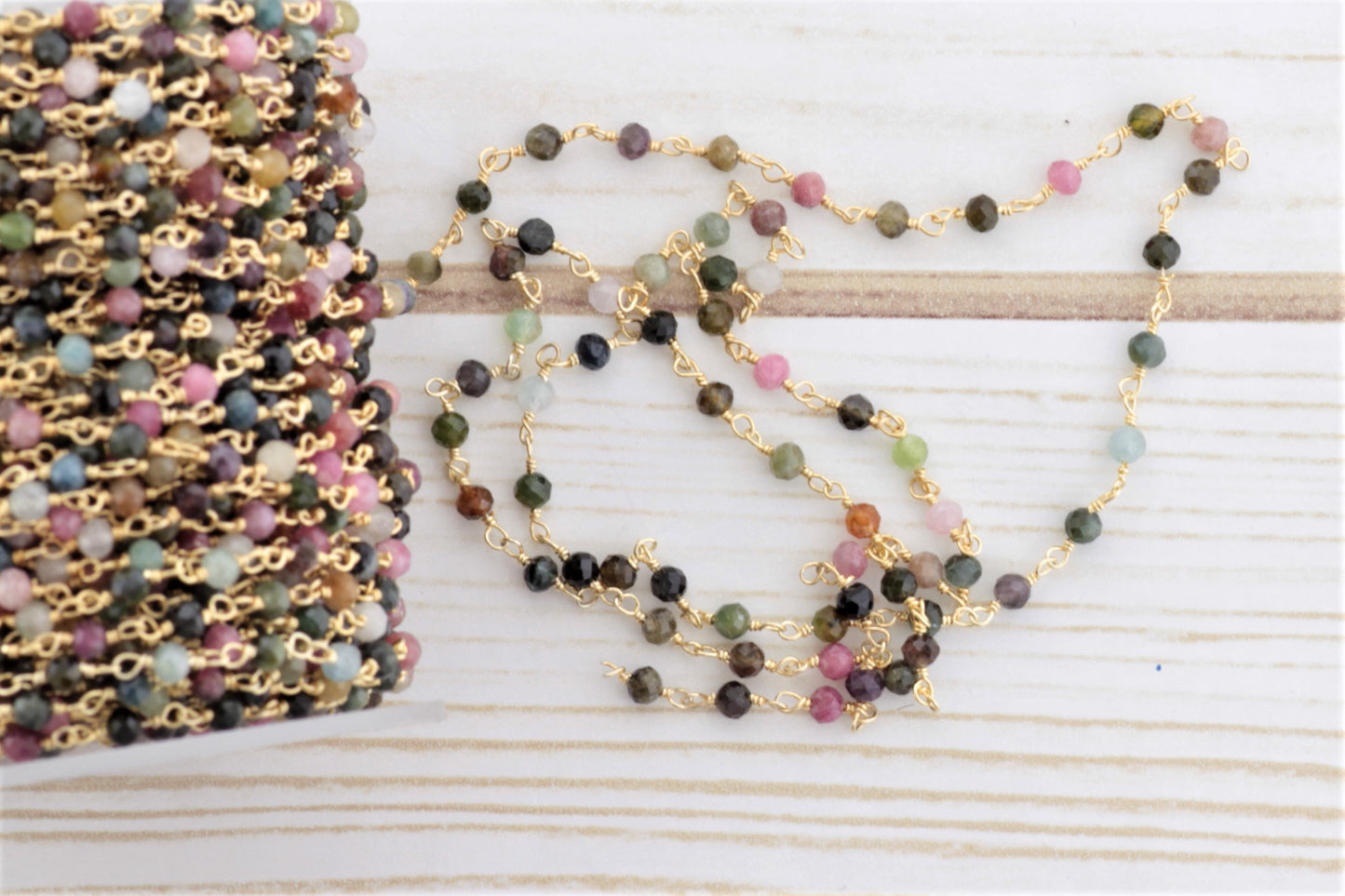 Watermelon Tourmaline 3mm Faceted Rounds Rosary Chain Sterling Silver with Gold Plating Wire Wrap Chain by the Foot