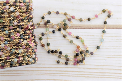 Watermelon Tourmaline 3mm Faceted Rounds Rosary Chain Sterling Silver with Gold Plating Wire Wrap Chain by the Foot