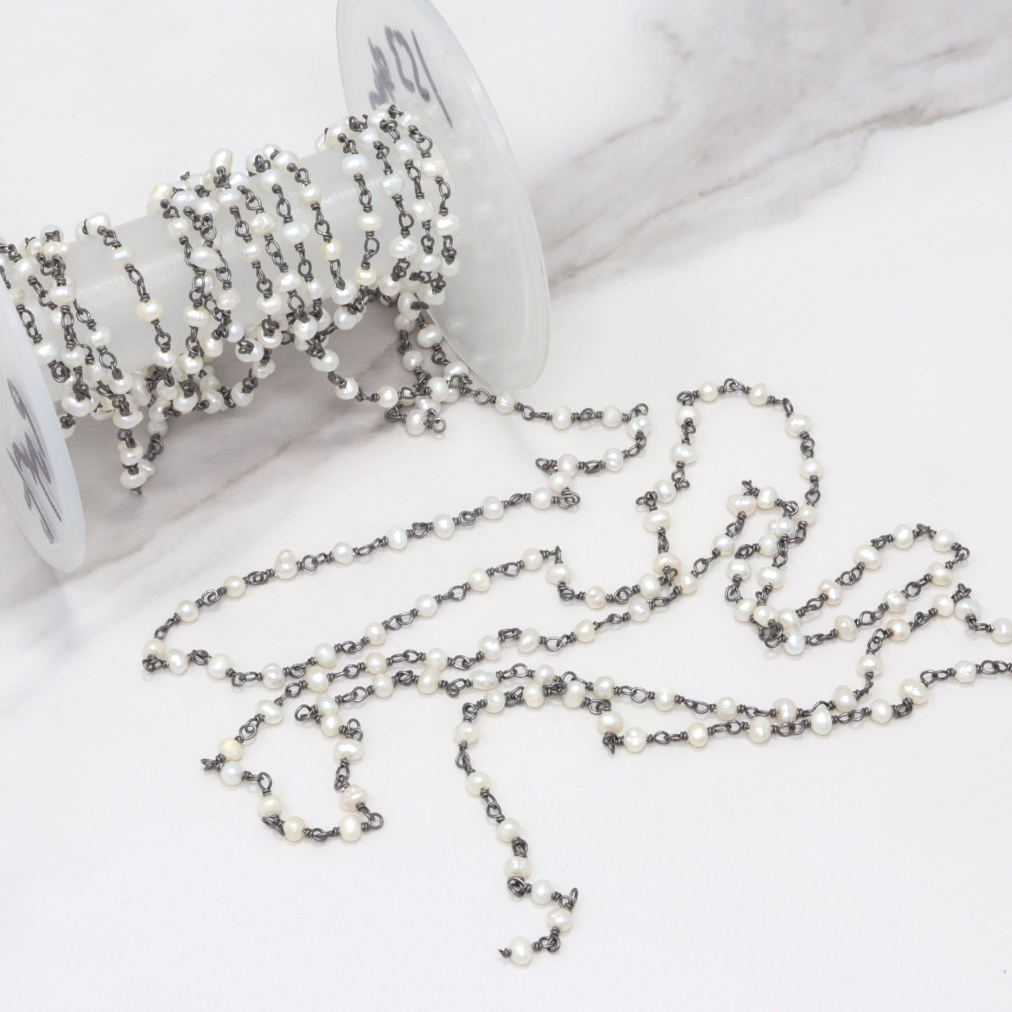 White Freshwater Pearl 3mm Smooth Rondelles Rosary Chain Sterling Silver with Black Rhodium Plating Wire Wrap Chain by the Foot