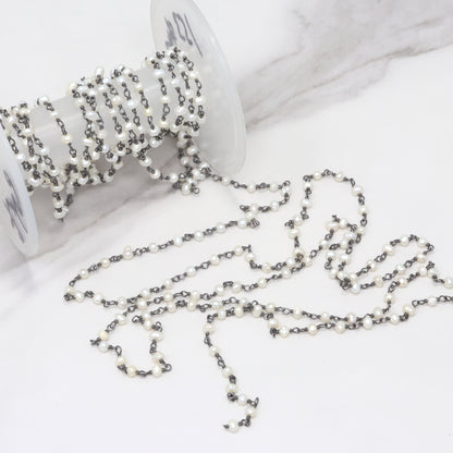 White Freshwater Pearl 3mm Smooth Rondelles Rosary Chain Sterling Silver with Black Rhodium Plating Wire Wrap Chain by the Foot