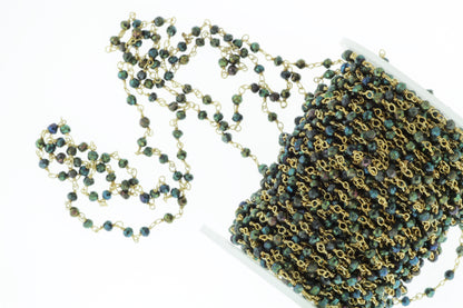 Green Coated Black Spinel 3mm Faceted Rondelles Rosary Chain Sterling Silver with Gold Plating Wire Wrap Chain by the Foot