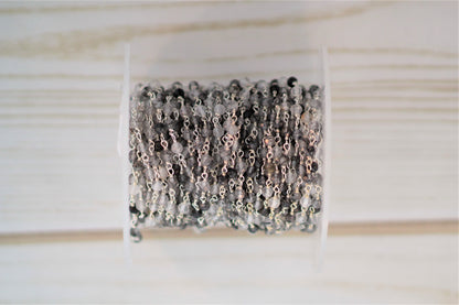 Black Tourmalinated Quartz 3.5mm Faceted Rounds Rosary Chain Sterling Silver Wire Wrap Chain by the Foot