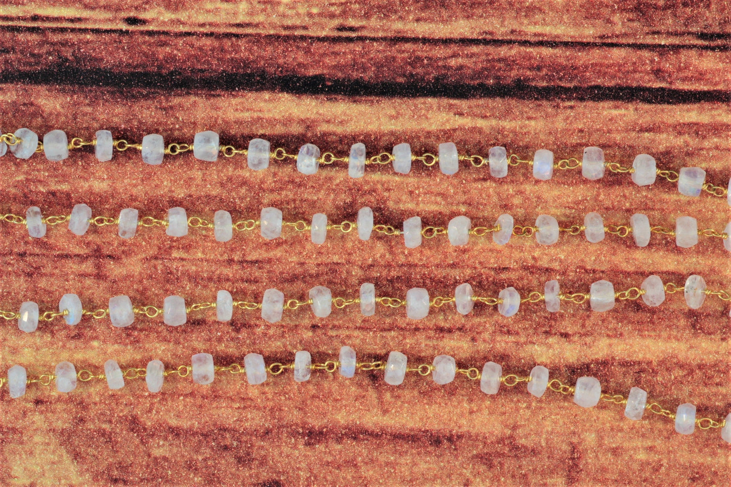 Blue Rainbow Moonstone 5mm Faceted Rondelles Rosary Chain Sterling Silver with Gold Plating Wire Wrap Chain by the Foot