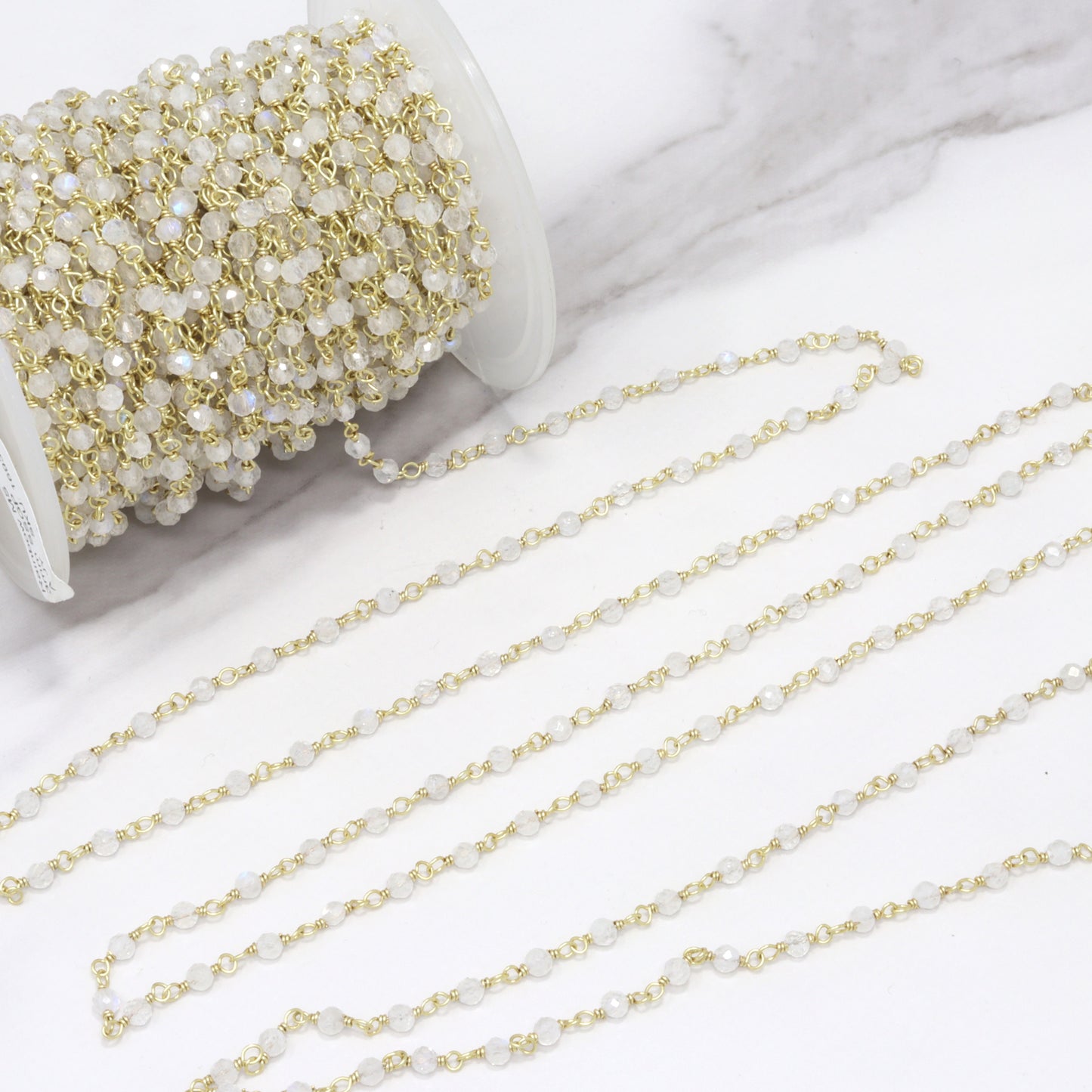 Blue Rainbow Moonstone 3mm Faceted Rounds Rosary Chain Sterling Silver with Gold Plating Wire Wrap Chain by the Foot