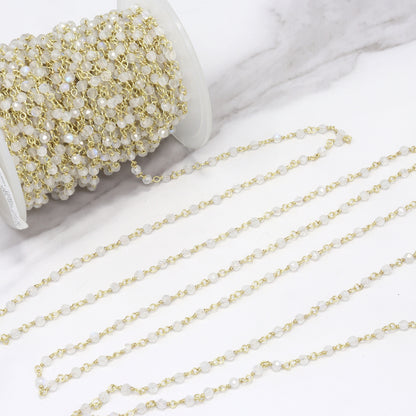 Blue Rainbow Moonstone 3mm Faceted Rounds Rosary Chain Sterling Silver with Gold Plating Wire Wrap Chain by the Foot