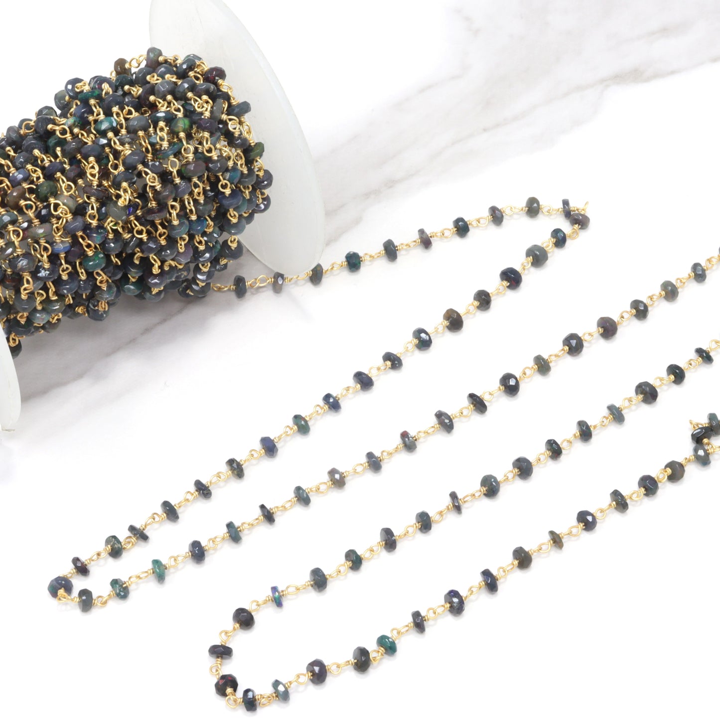 Black Ethiopian Opal 4mm Faceted Rondelles Rosary Chain Sterling Silver with Gold Plating Wire Wrap Chain by the Foot