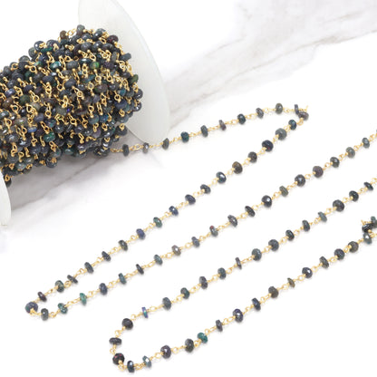 Black Ethiopian Opal 4mm Faceted Rondelles Rosary Chain Sterling Silver with Gold Plating Wire Wrap Chain by the Foot