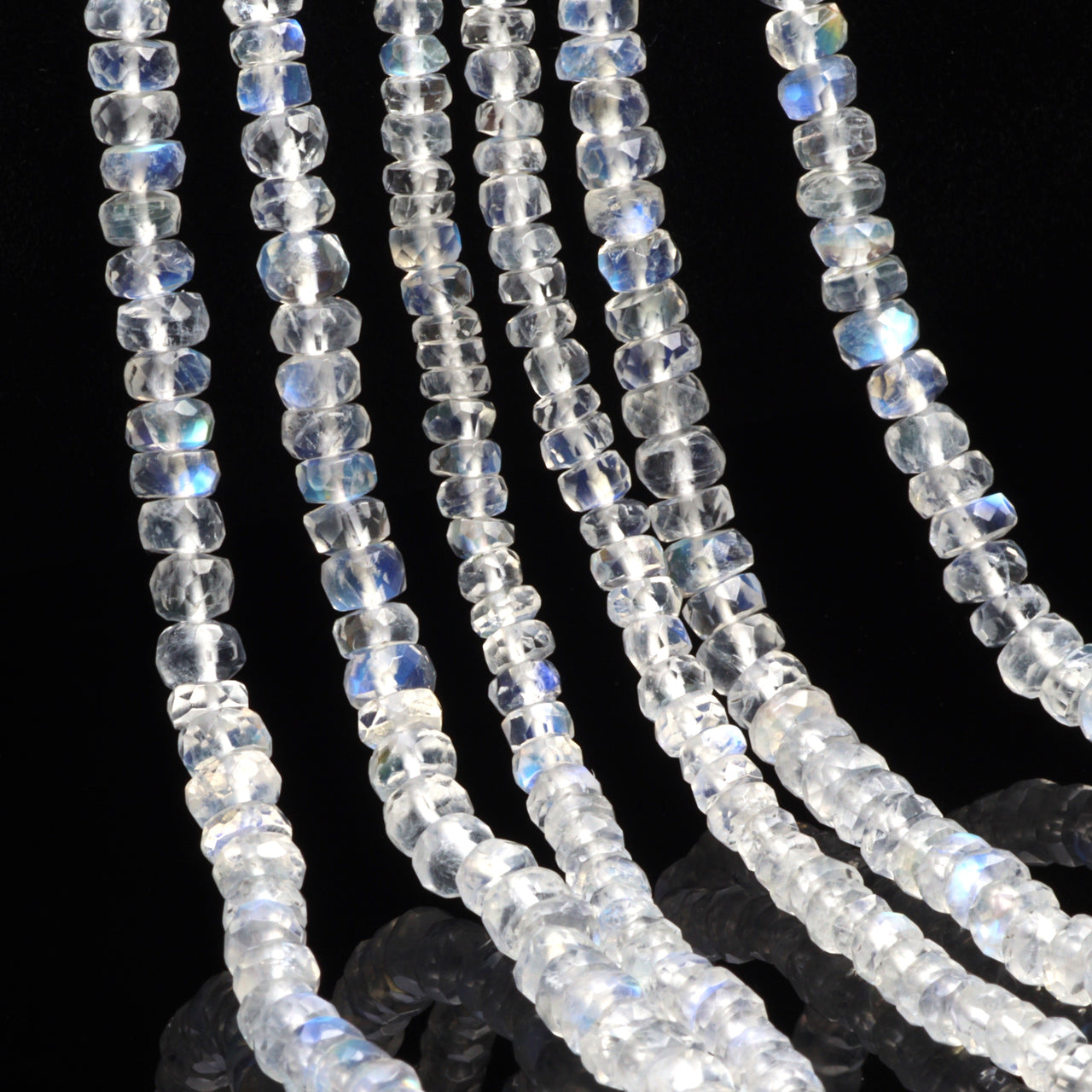 AA Blue Rainbow Moonstone 4mm Hand Faceted Rondelles Bead Strand