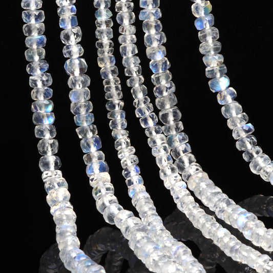 AA Blue Rainbow Moonstone 4mm Hand Faceted Rondelles Bead Strand