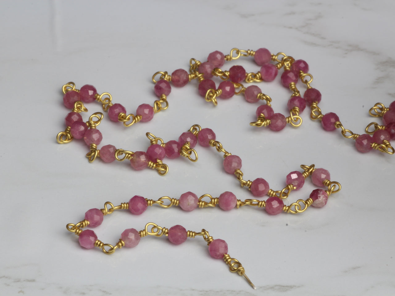Ombre Pink Tourmaline 3mm Faceted Rounds Rosary Chain Sterling Silver with Gold Plating Wire Wrap Chain by the Foot