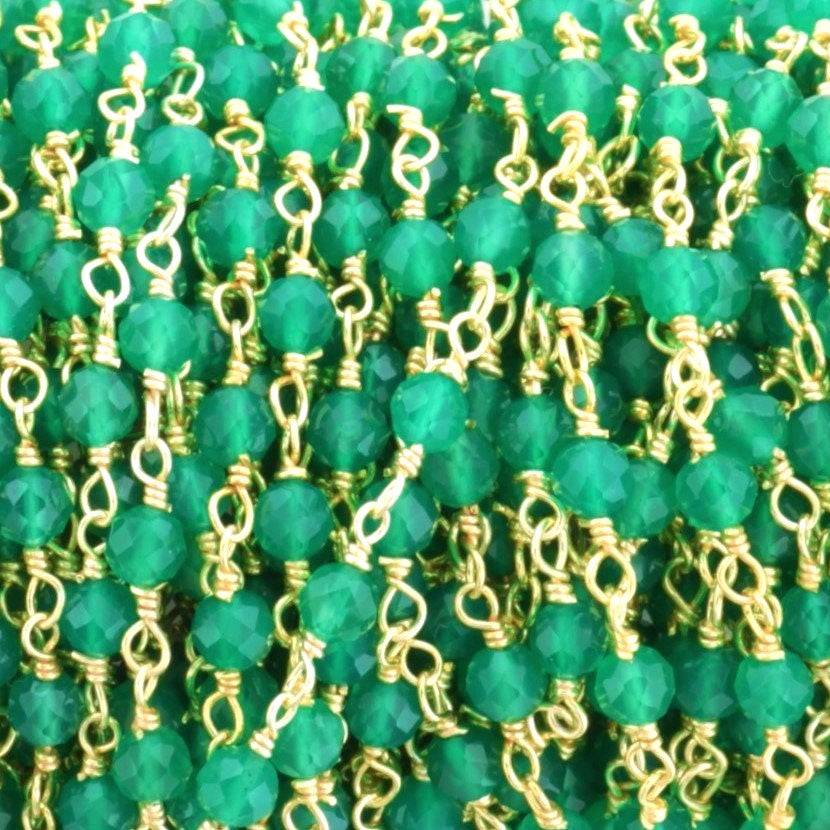 Green Onyx 3.5mm Faceted Rounds Rosary Chain Sterling Silver with Gold Plating Wire Wrap Chain by the Foot