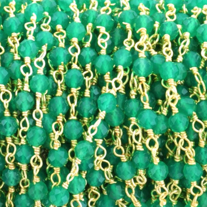 Green Onyx 3.5mm Faceted Rounds Rosary Chain Sterling Silver with Gold Plating Wire Wrap Chain by the Foot