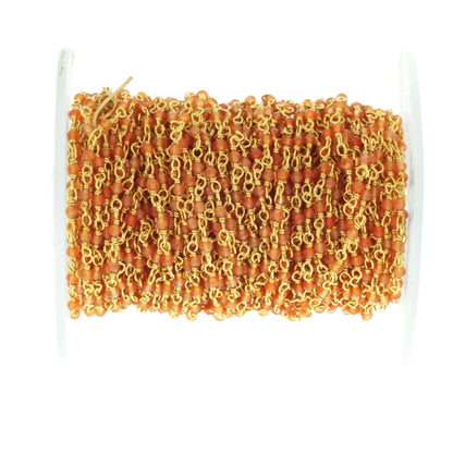 Orange Carnelian 2mm Faceted Rounds Rosary Chain Sterling Silver with Gold Plating Wire Wrap Chain by the Foot