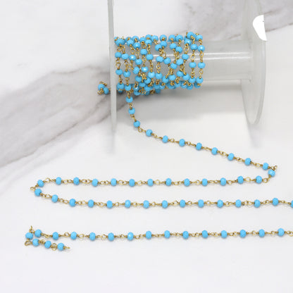 Blue Turquoise (R) 3mm Faceted Rondelles Rosary Chain Sterling Silver with Gold Plating Wire Wrap Chain by the Foot