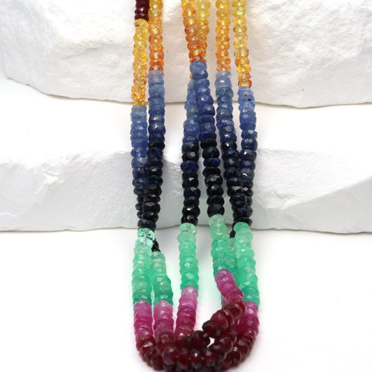 Rainbow Multi Ruby, Emerald, and Sapphire 2.5mm – 3.5mm Hand Faceted Rondelles Bead Strand