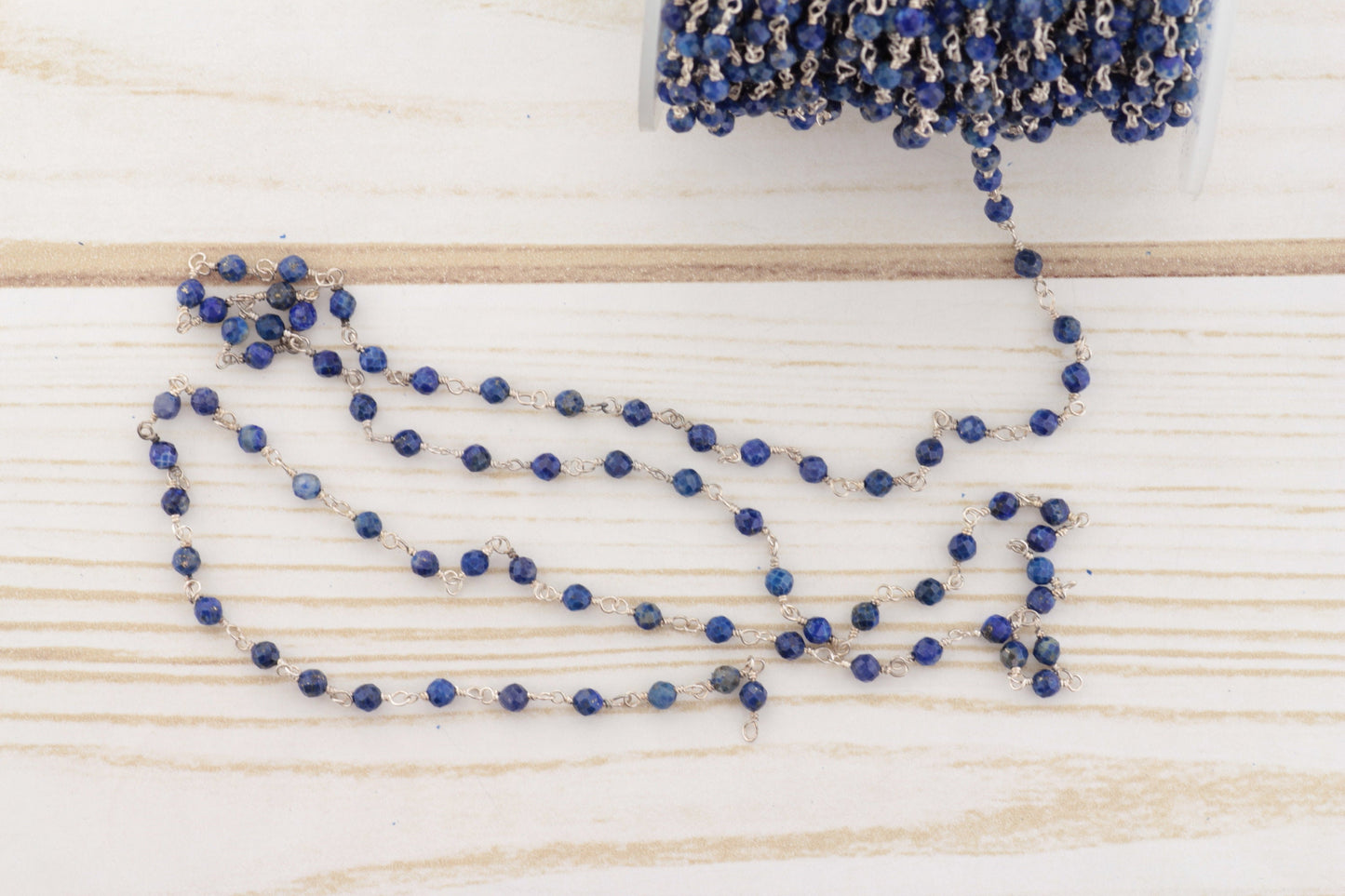 Royal Blue Lapis Lazuli 3mm Faceted Rondelles Rosary Chain Sterling Silver Wire Wrap Chain by the Foot