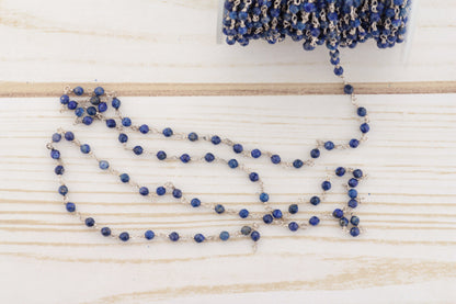 Royal Blue Lapis Lazuli 3mm Faceted Rondelles Rosary Chain Sterling Silver Wire Wrap Chain by the Foot