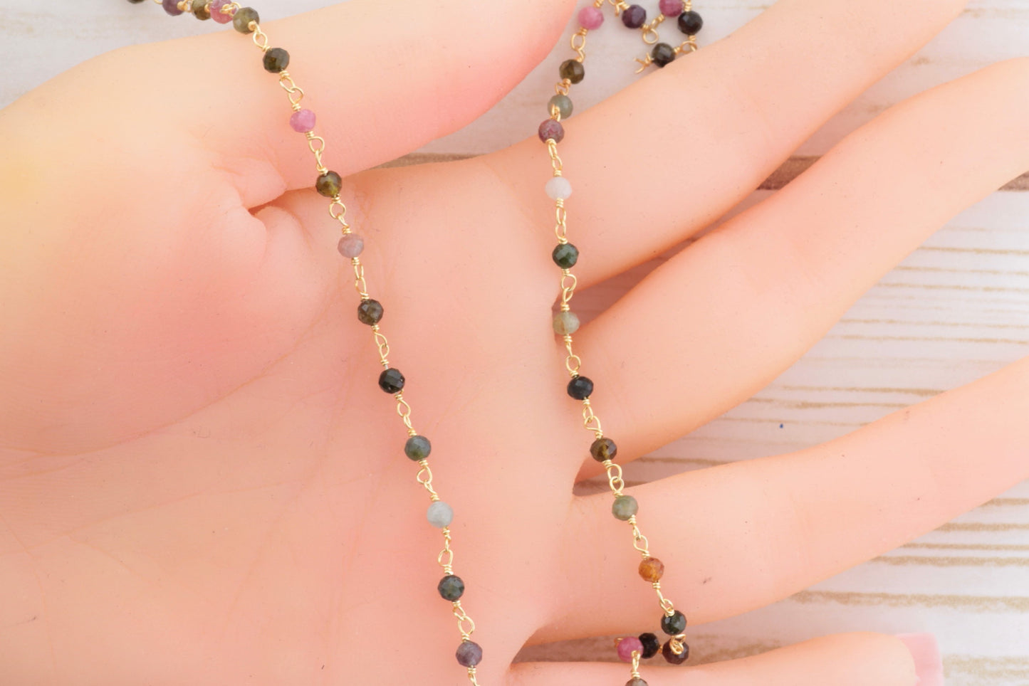 Watermelon Tourmaline 3mm Faceted Rounds Rosary Chain Sterling Silver with Gold Plating Wire Wrap Chain by the Foot