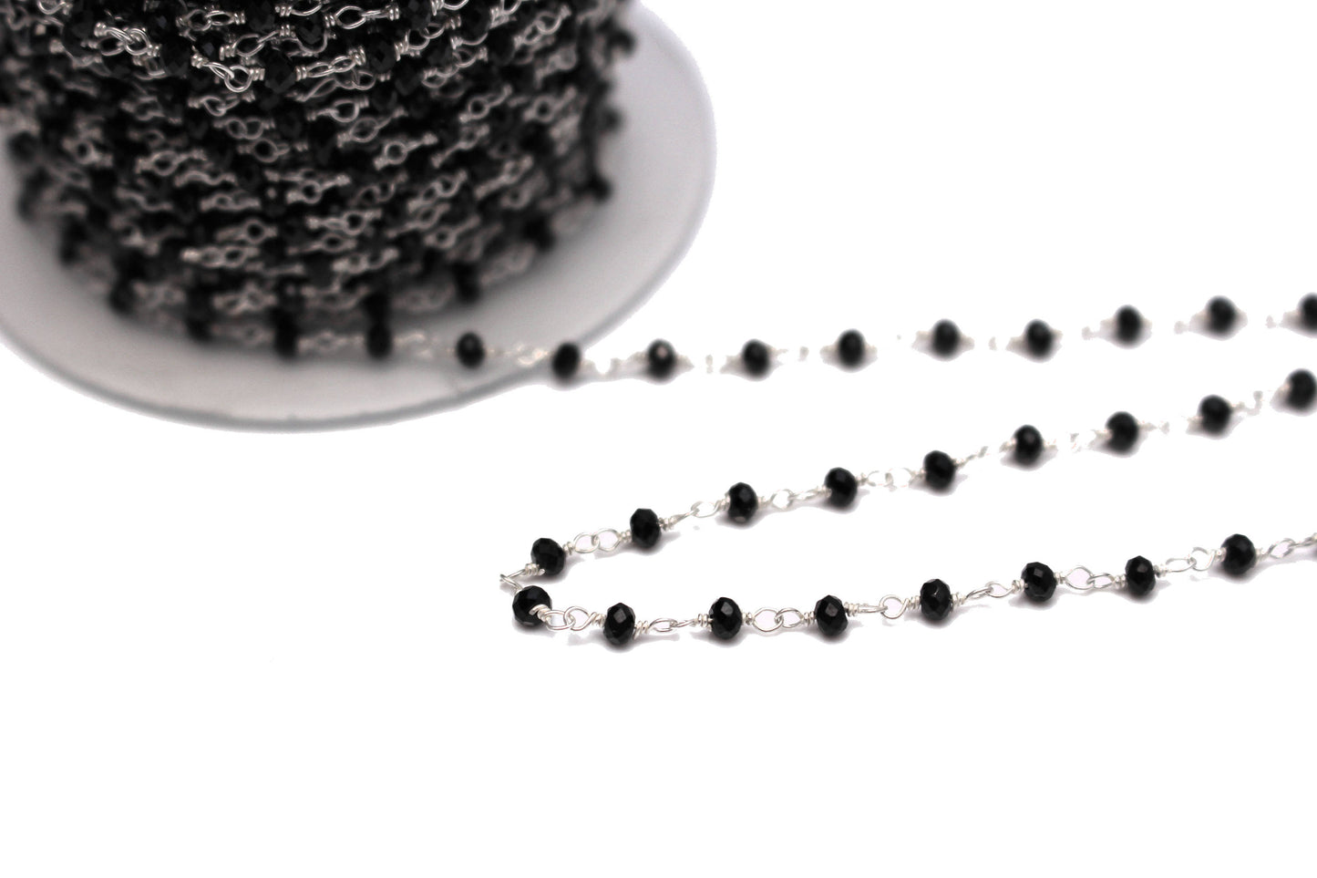 Black Spinel 2.5mm Faceted Rondelles Rosary Chain Sterling Silver Wire Wrap Chain by the Foot
