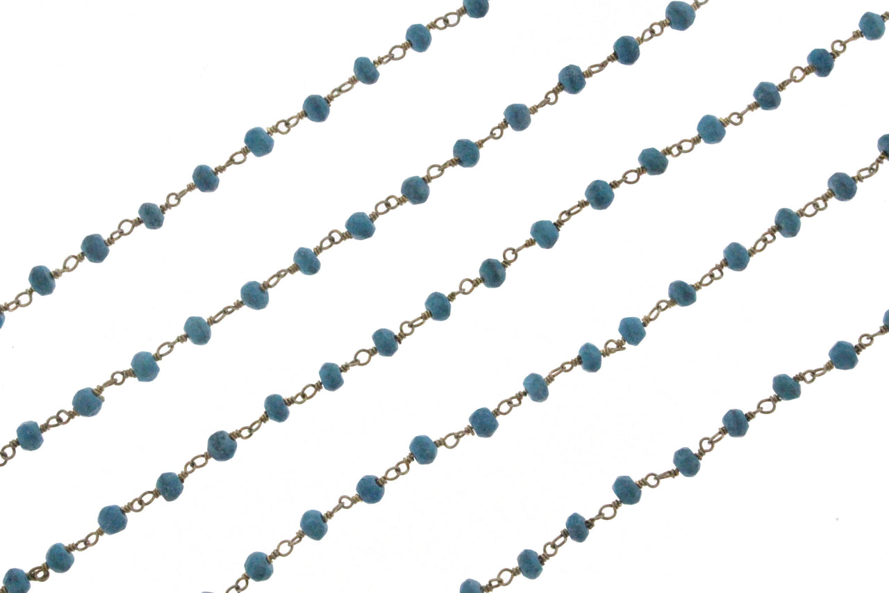 Blue Turquoise (R) 4mm Faceted Rondelles Rosary Chain Sterling Silver with Gold Plating Wire Wrap Chain by the Foot