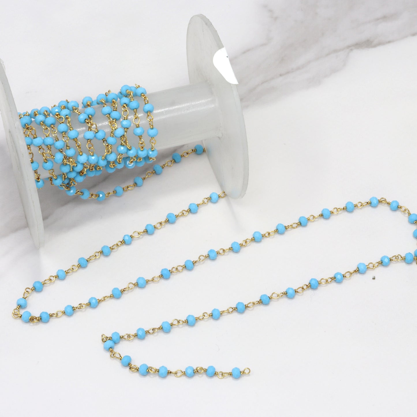 Blue Turquoise (R) 3mm Faceted Rondelles Rosary Chain Sterling Silver with Gold Plating Wire Wrap Chain by the Foot