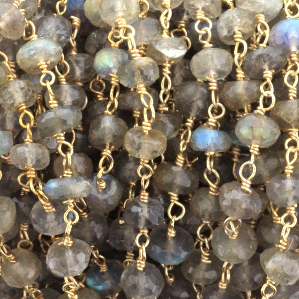 Blue Labradorite 6mm Faceted Rondelles Rosary Chain Sterling Silver with Gold Plating Wire Wrap Chain by the Foot