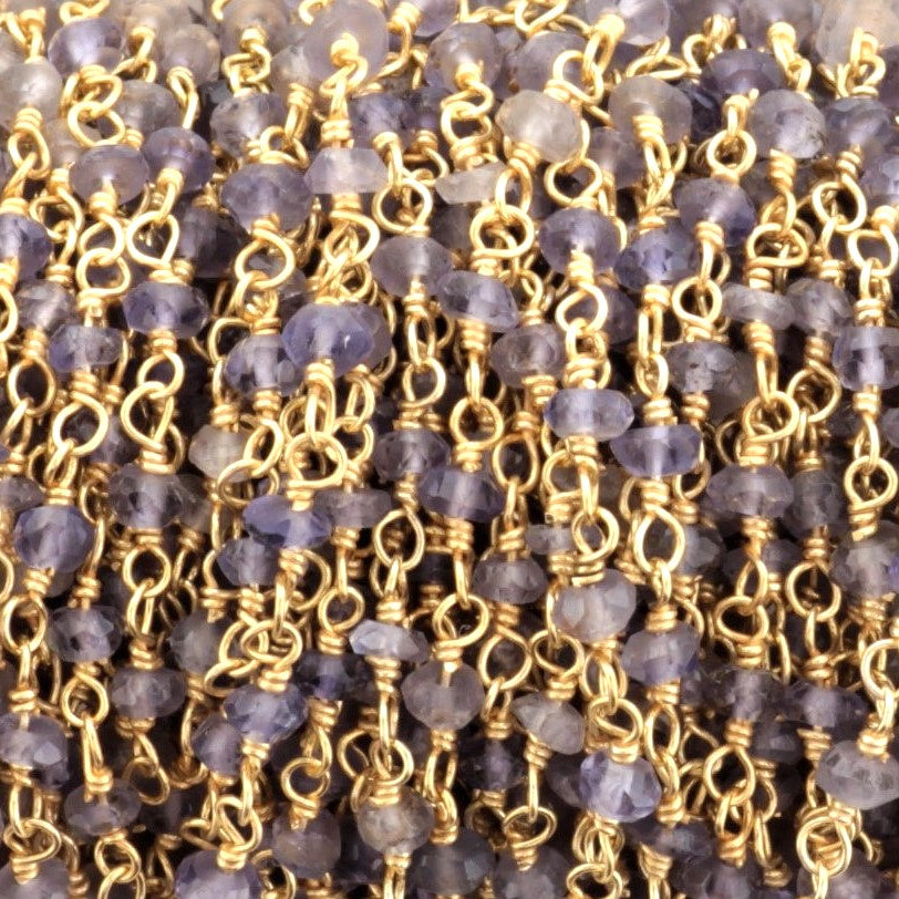 Blue Iolite 3mm Faceted Rondelles Rosary Chain Sterling Silver with Gold Plating Wire Wrap Chain by the Foot
