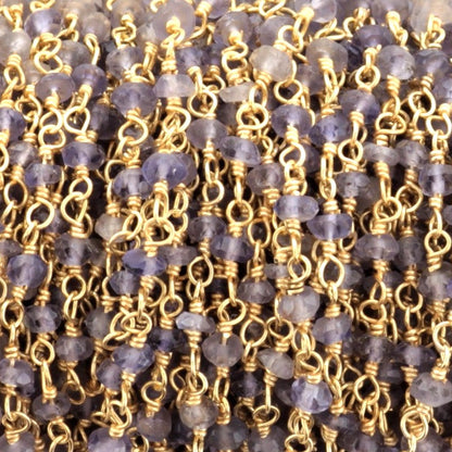 Blue Iolite 3mm Faceted Rondelles Rosary Chain Sterling Silver with Gold Plating Wire Wrap Chain by the Foot